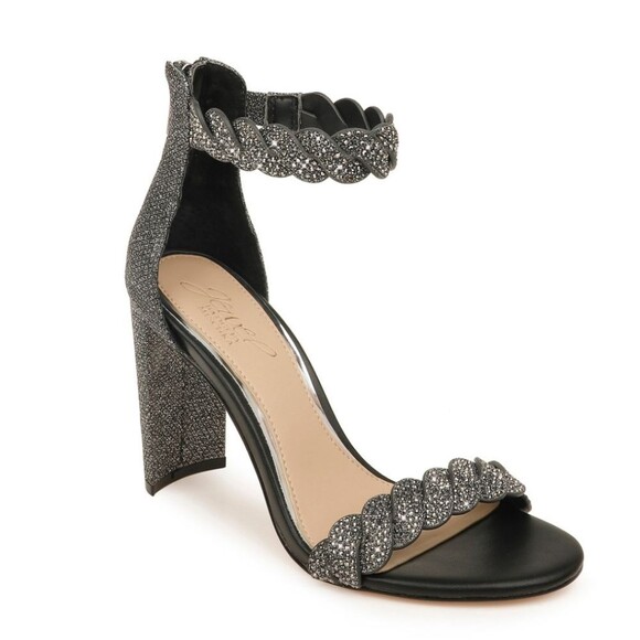 Badgley Mischka Jewel Fionne Crystal Braided Shoe Open Toe Block Heel Pewter 7 - Picture 1 of 11
